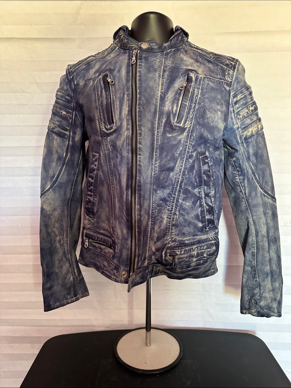 Men's Distressed Blue Leather Jacket Size Large Vintage Moto Biker Style